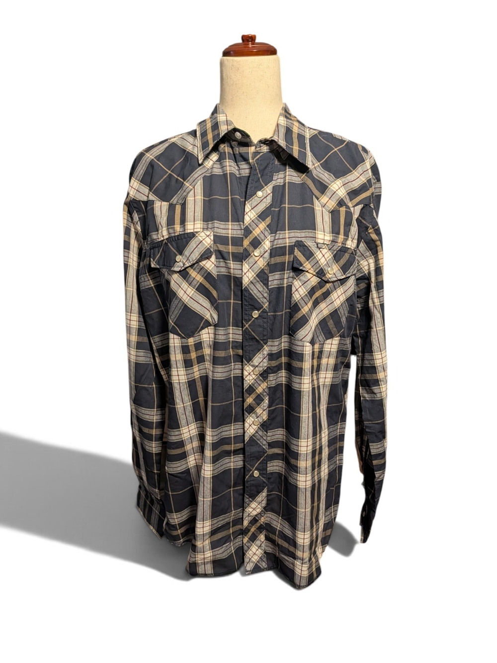 Wrangler Black & Cream Plaid Western Button-Down Shirt